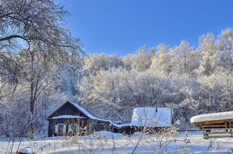 Winter Landscape With Old Wooden Village House Near Snow Covered Forest