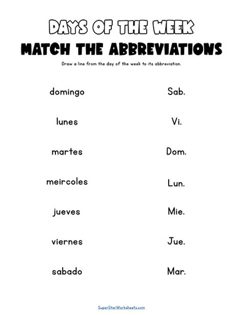 Spanish Days Of The Week Worksheet For Kids