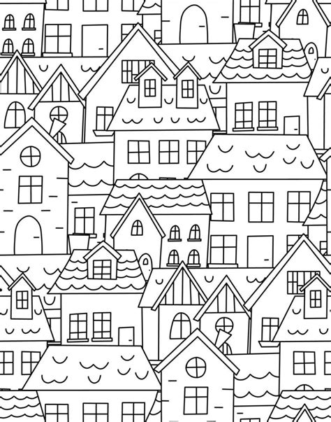 Seamless Pattern With Doodle Houses Hand Drawn Cityscape Small Town