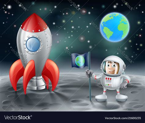 Cartoon Astronaut And Space Rocket On The Moon Vector Image