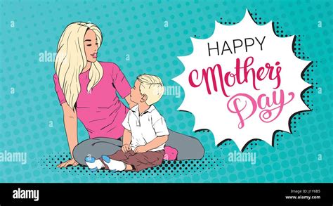 Happy Mother Day Greeting Card Mom Embrace Son Over Pop Art Retro Pin Up Background Stock
