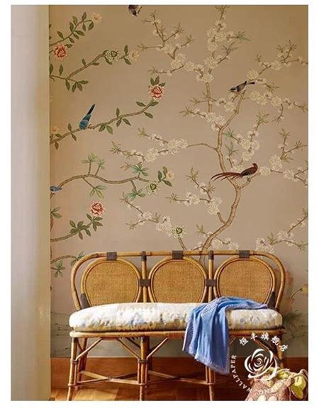 Hand Painted Cherry Tree Chinoiserie Wallpaper Wall Mural Etsy