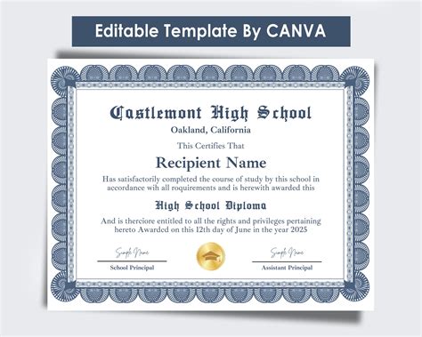 High School Diploma Diploma Template Canva Editable Homeschool