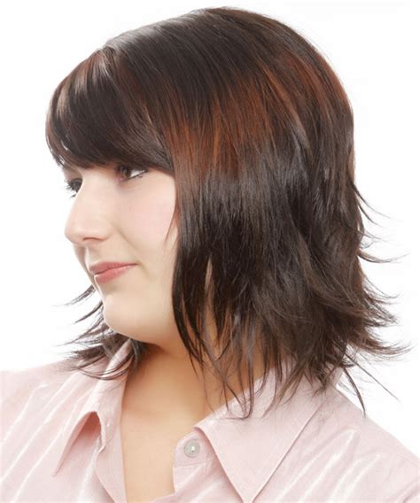 Medium Straight Layered Dark Brunette Bob Haircut With Layered Bangs