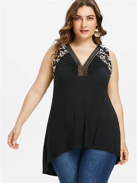 Gamiss Women Long Tanks Plus Size High Low Lace Panel Camis Tank Top