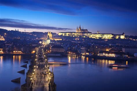Czech Republic Prague Castle Charles Bridge Night Lights Bridge