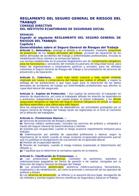 Resumen Reglamento 513 REGLAMENTO DEL SEGURO GENERAL DE RIESGOS DEL