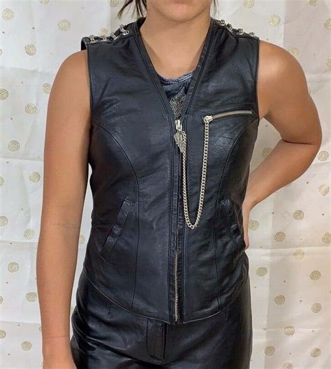 Womens motorbike studded leather vest. harley davidson womens black leather chained vest jacket ...