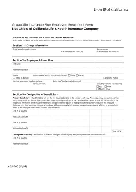 Blue shield of california member is living well with innovative kidney care. Fillable Form Abu1140 - Group Life Insurance Plan Employee Enrollment Form - Blue Shield Of ...