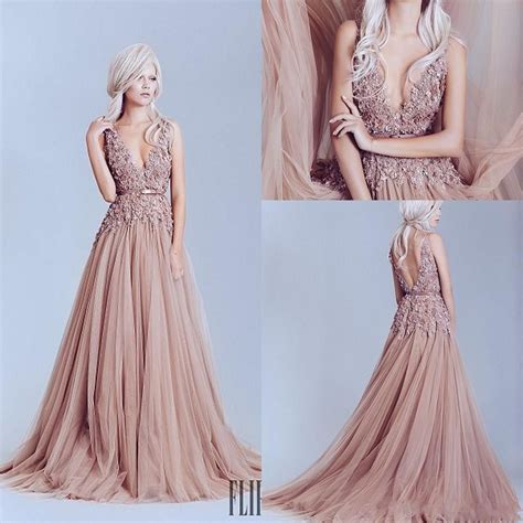 Blush Pink 3d Lace Applique Backless Prom Dresses 2017 Elie Saab Deep V Neck Formal Evening