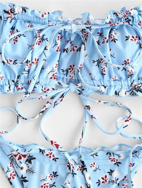 ZAFUL Ditsy Print Tie Bandeau Bikini Swimwear LIGHT BLUE PINK Bikini
