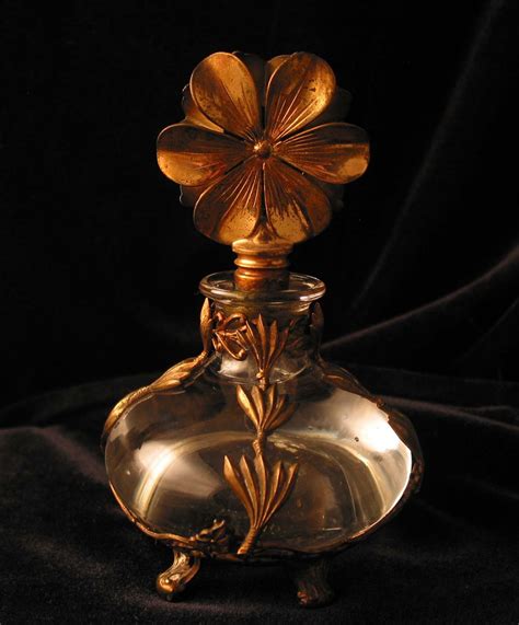 Antique Victorian Era Perfume Bottle Filigree Brass Glass Dauber