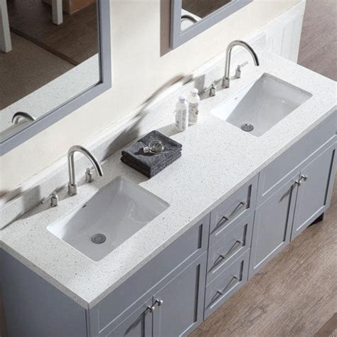 Click to add item tuscany® 61w x 22d granite vanity top with rectangular undermount bowls to the compare list. Quartz Vanity Top in Sparkling White with White Basin ...