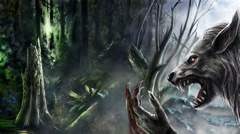 Werewolf Fantasy Art Dark Monster Creatures Blood Fangs Trees Forest