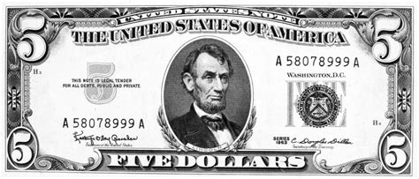 Five Dollar Bill Npresident Abraham Lincoln On The Front Of A Us