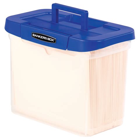 Bankers Box Heavy Duty Portable Plastic Filestorage Box With Handle Clear With Blue Lid