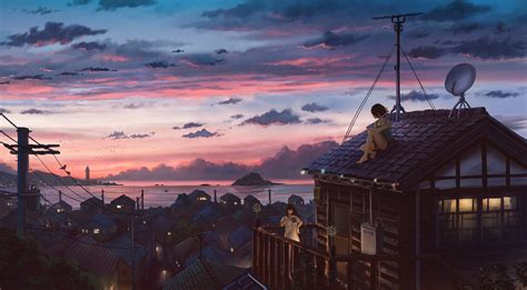 Wallpaper Landscape Anime Girls Sunset Lights 2627x1447 Jukija