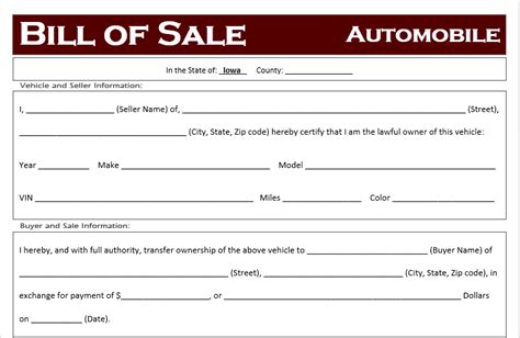 Free Iowa Car Bill Of Sale Template Off Road Freedom