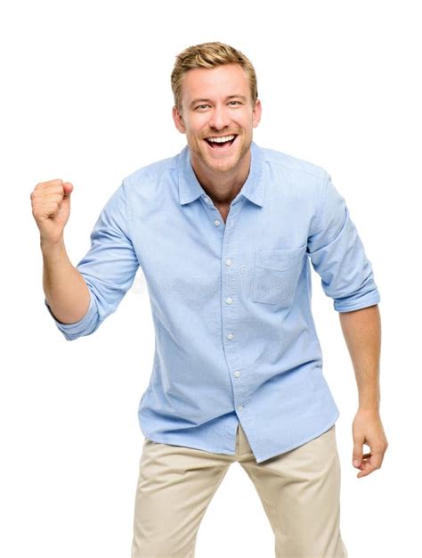 Happy Young Man Celebrating Success On White Background Stock Photo