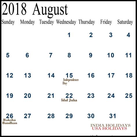 August 2018 Calendar With Holidays Printable Free Pri