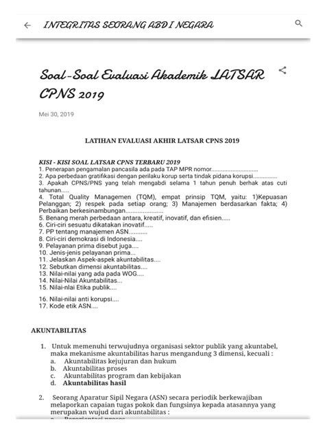 Kumpulan latihan soal tes cpns tahun 2021/2022 dan pembahasannya. Soal-Soal Evaluasi Akademik LATSAR CPNS 2019