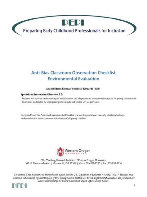 Anti Bias Classroom Observation Checklist Environmental Evaluation Pdf Nonverbal