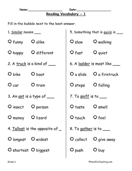 Reading Vocabulary 1 Worksheet For 2nd Grade Lesson Planet