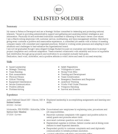 Enlisted Soldier Resume Example