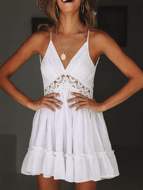 Boho Summer Dress Lace White Strapy Neck Short Beach Dress Sponsored