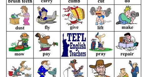 Tefl English Teachers Bingo Verbs Game Board 13 Of 20 Verbs Lists