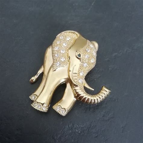Gold Elephant Pin Elephant Vintage Pin 1980s Crystal Pin Etsy