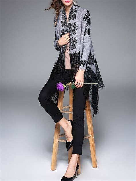 Grey Embroidered Contrast Lace High Low Coat Sheinsheinside