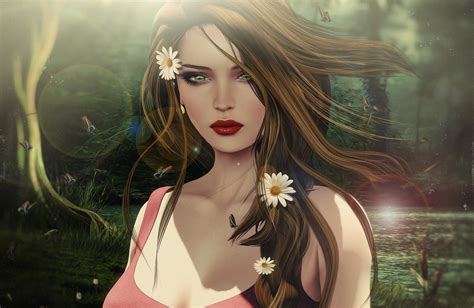 Fantasy Girl In Forest With Flowers