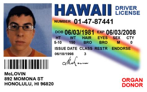 Mclovin Id Card Hawaii Hi Drivers License Superbad Movie Prop Free Ship