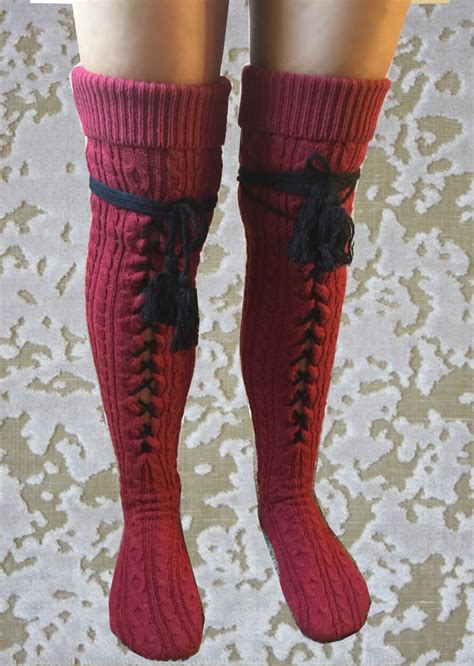 Merino Wool Cable Knit Over The Knee Tall Red Socks