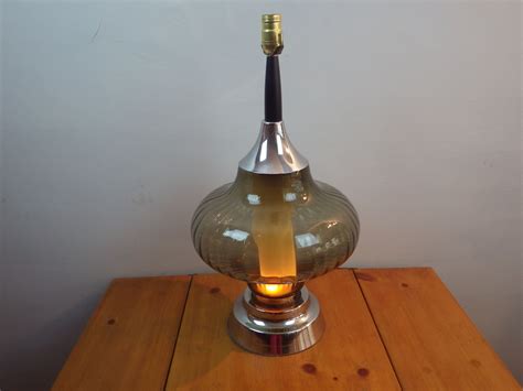 Each is 28 high x 14 wide overall. Hand Blown Grey Smoked Glass and Chrome Table Lamp Accent ...