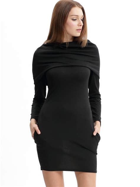 Long sleeve cowl back wedding dress. Black Cowl Neck Long Sleeve Slim Dress -SheIn(Sheinside)