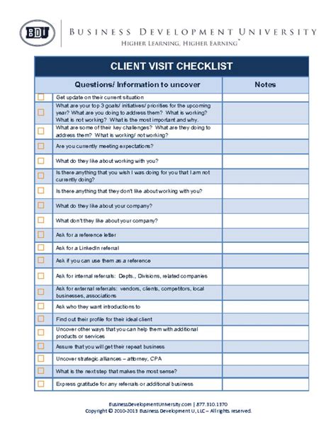Bdu Client Visit Checklist Business Development University