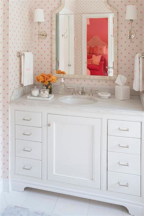 White Girl Bathroom With Pink Polka Dot Wallpaper Transitional Bathroom