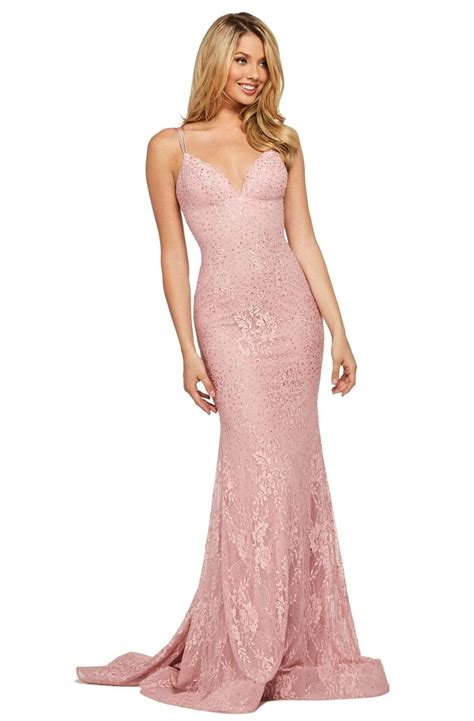 Sherri Hill Plunging Lace Up Back Fitted Lace Dress Sherri Hill Prom Dresses Sherri