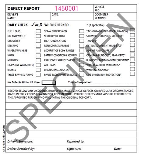 Example of a safety inspection record (hgv) vehicle reg mark: Vehicle Safety Inspection and Defect Books
