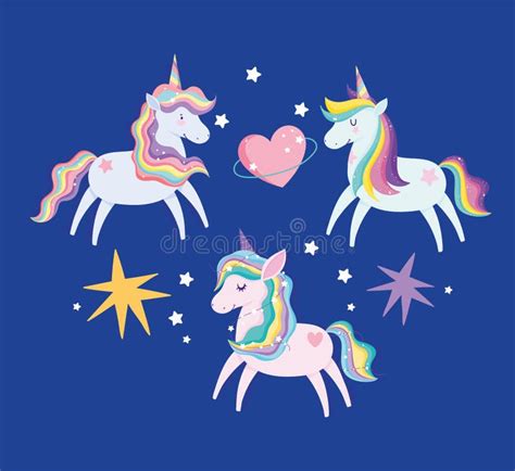 Unicorns With Rainbow Mane Bright Stars Heart Love Fantasy Cartoon