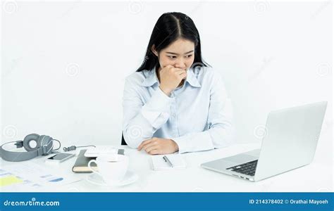 Working Asian Women Feel Stressed Dismal Tired From Work Migraine