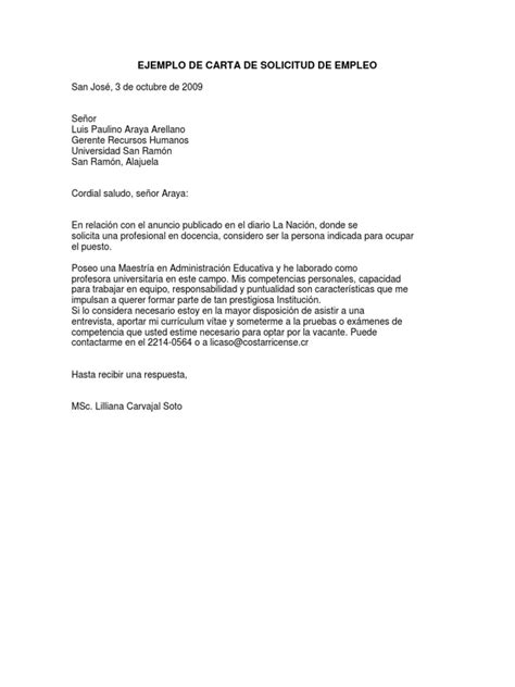 Ejemplo De Carta De Solicitud De Empleo Recursos Humanos Sicología