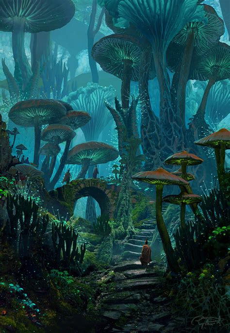 Artwork Landscape Forest Mushroom Fantasy Art Digital Turquoise