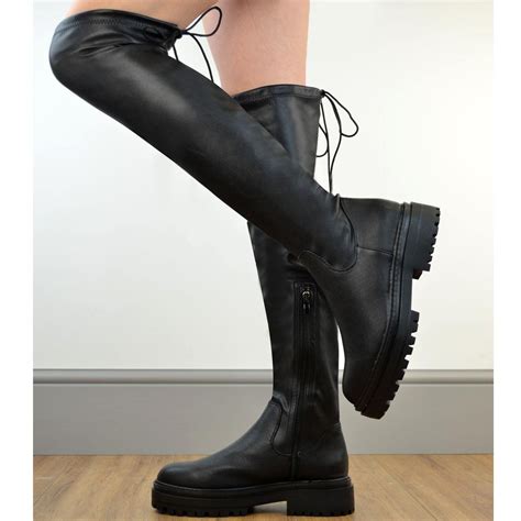 Womens Over The Knee Stretchy Boots Platform Low Heel Tied Designer New Size Uk Ebay