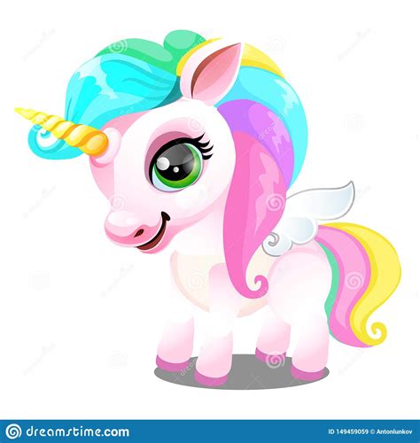 Cute Unicorn Pony With Mane Colors Of Rainbow Isolated On White