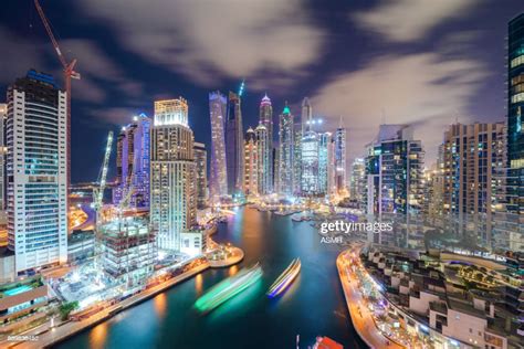 Dubai Marina Skyline At Night High Res Stock Photo Getty Images
