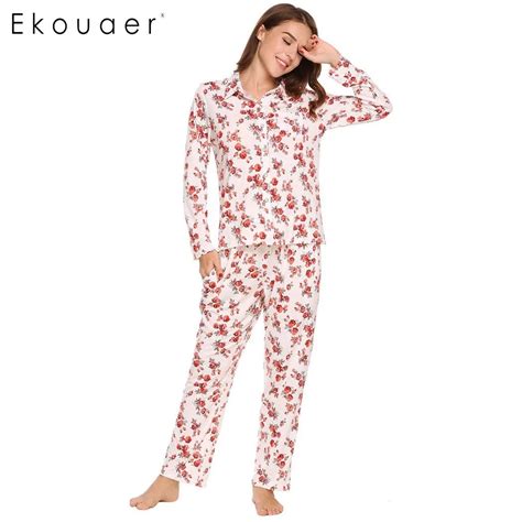 Ekouaer Autumn Floral Print Pajama Womens Long Sleeve Sleepwear Button