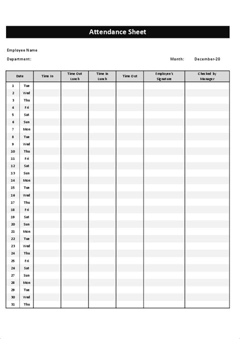 Downloadable Excel Employee Attendance Sheet Template